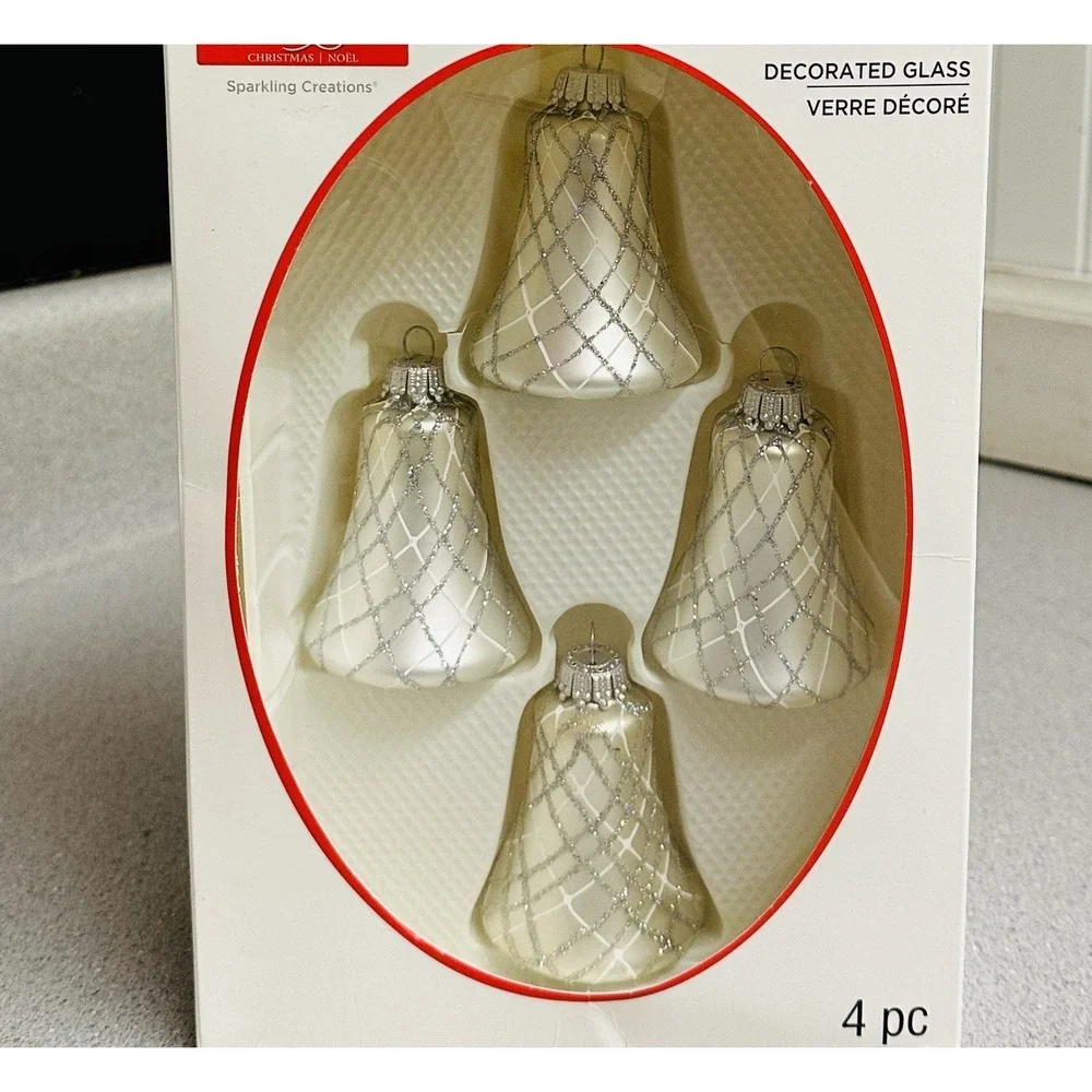 Celebrate It Christmas Noel Silver Metallic Bells Glass Ornaments Set 4 USA Made